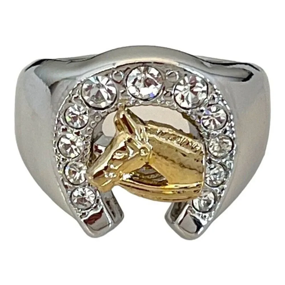 Vintage 1980s Ring Size 9 Horseshoe Horse CZ Two Tone Gold Plated - 14P